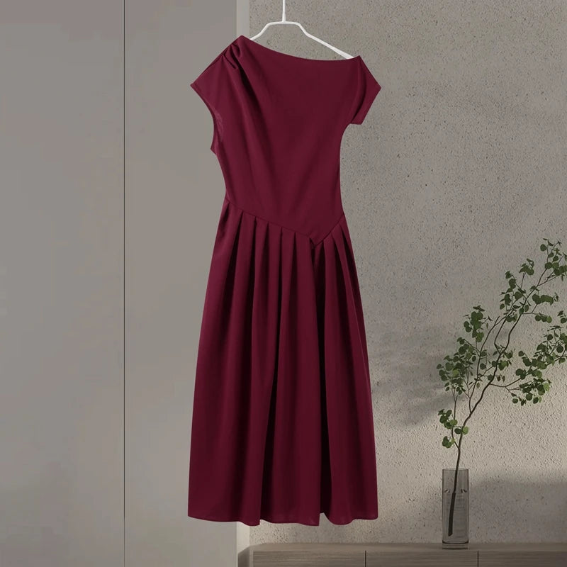 Elegant Long Dress Women Loose Skew Collar Sleeveless A Line Robe Female 2025 Spring Summer Solid Fashion High Waist Dress Lady