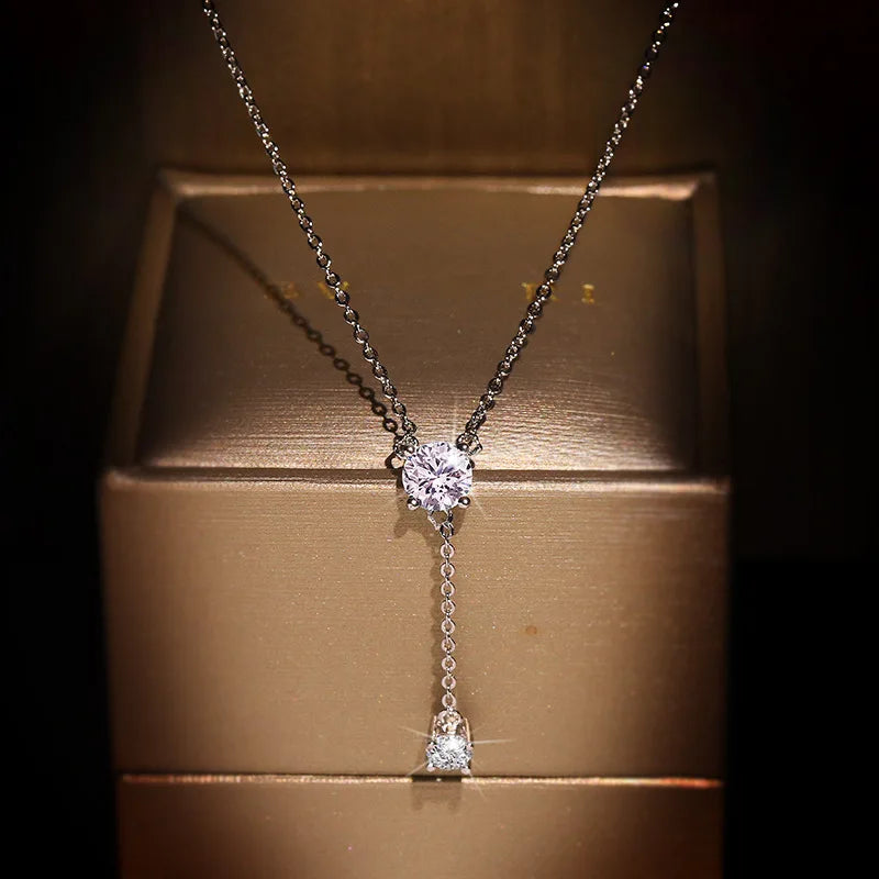 925 Silver Women's Luxury Zircon Pendant Necklace Round Cut Cubic Zirconia Necklace Charms Bride Wedding Chain Necklace Gift