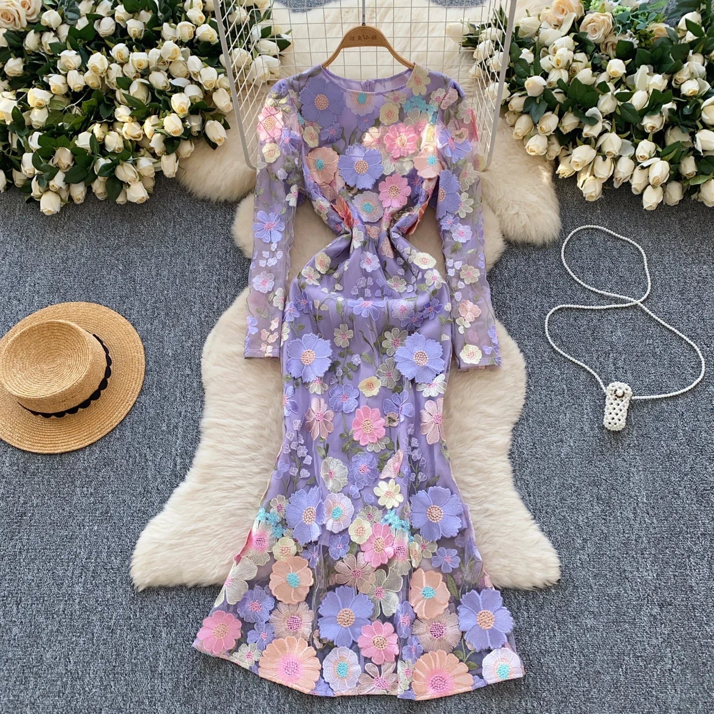 Elegant Three-dimensional Floral Embroidered Chic Long Sleeves Slim Mermaid Dresses Evening French High Street Women Clothing