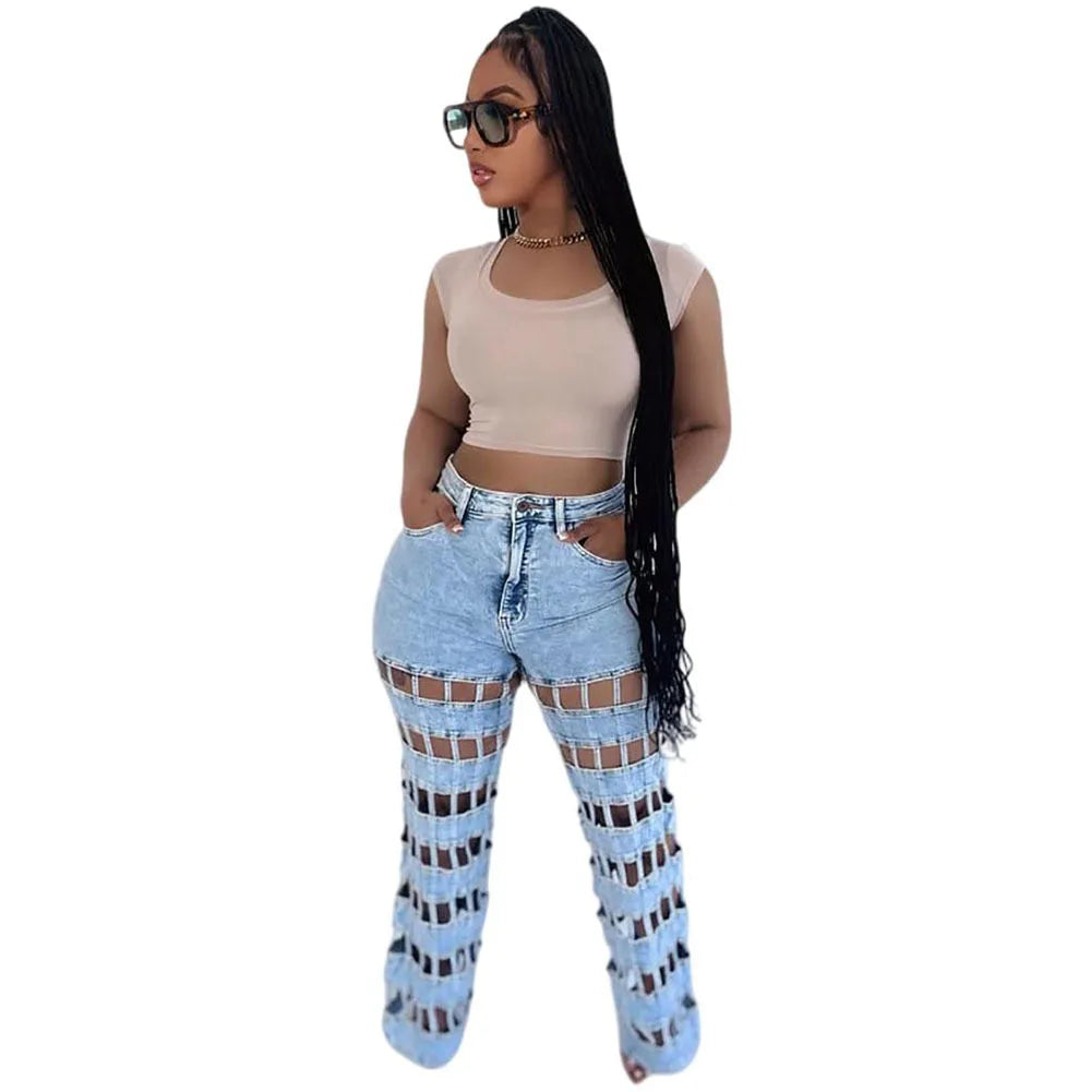 Denim Pant Women Jeans Long Pants Hollow Out High Waist Straight Mom Trousers Y2k Streetwear Elegant Splice Hole Casual Work