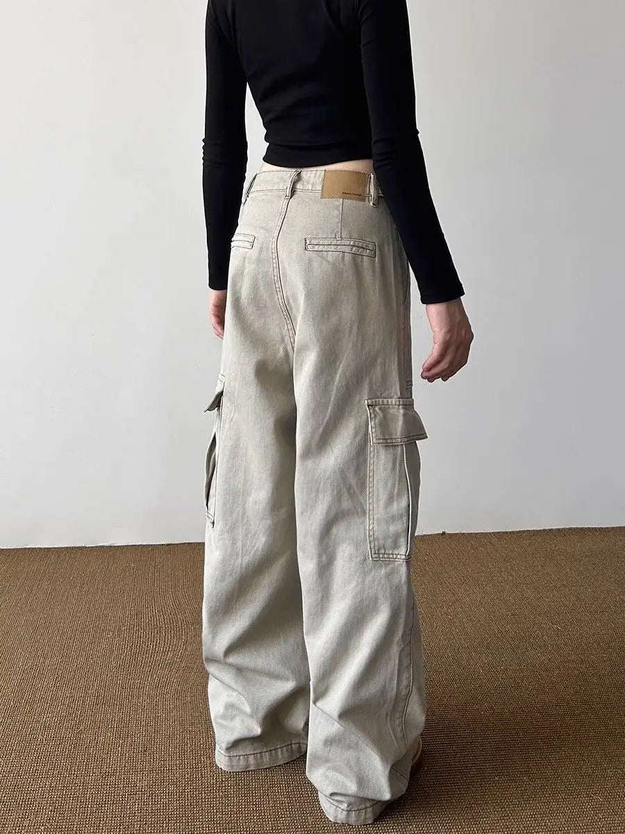 American Retro Multi-pocket Cargo Jeans With Big Pocket Do Old and Washed Jeans Denim Trousers Women Baggy Pants Y2k Clothing