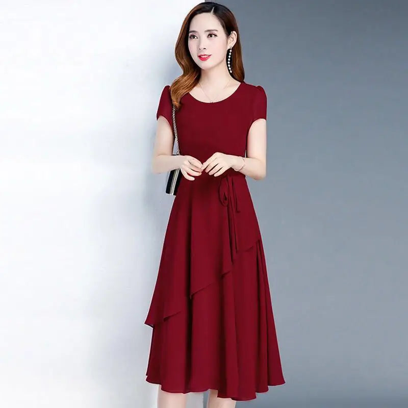 High Street Chiffon Fashion Pullover Dresses O-Neck Empire Solid Women's Clothing 2022 New Popularity Spring Autumn Silky Trend