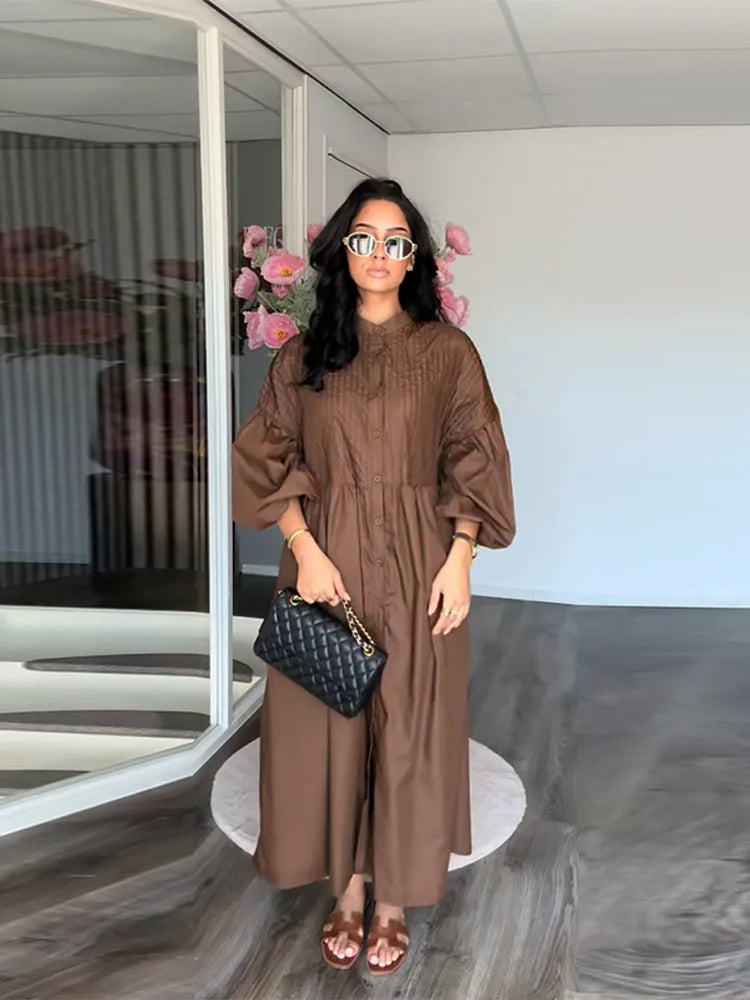 Loose Blue Single Breasted Long Dress Women Casual Full Puff Sleeve O-neck Pleated Patchwork Dresses 2025 Fashion Summer Robe