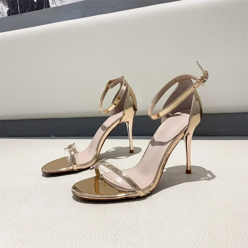 Summer's New Round Toe Metal One-strap Anti-slip and Wear-resistant High-heeled Sandals with Elegant Thin Heels