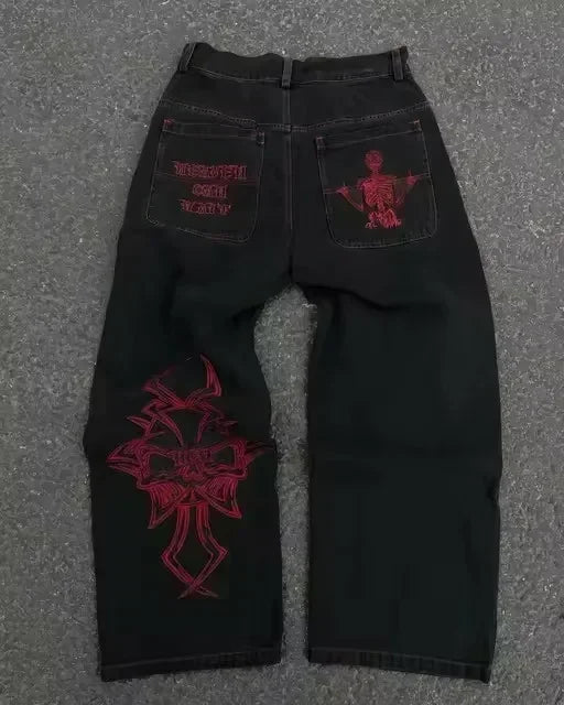 Y2k New Harajuku Retro Cherry Blossom Embroidered Blue Loose Jeans for Mens and Womens Gothic Fashion Low Waist Wide Leg Jeans