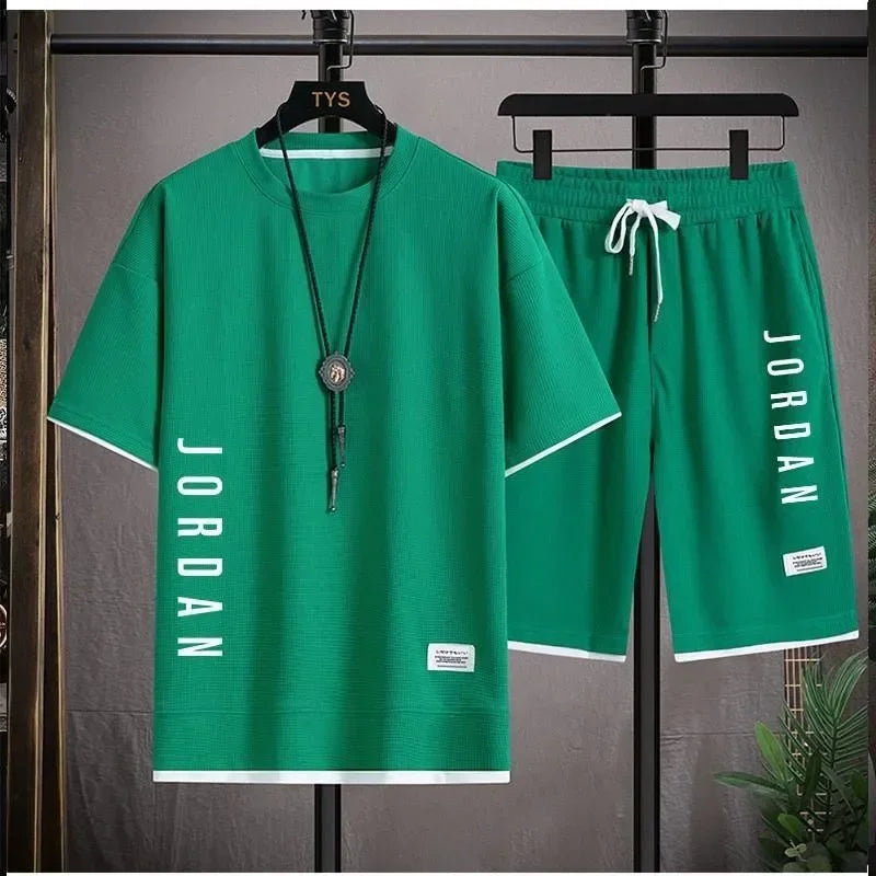 2025 summer fashion loose short sleeve casual T-shirt + shorts two-piece men's breathable fast drying fitness jogging suit