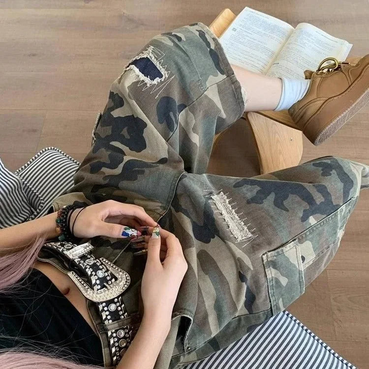 Plus Size American Style Distressed Patch Straight Leg Camouflage Seven-Foot Women's Jeans Casual Loose Slimming Shorts