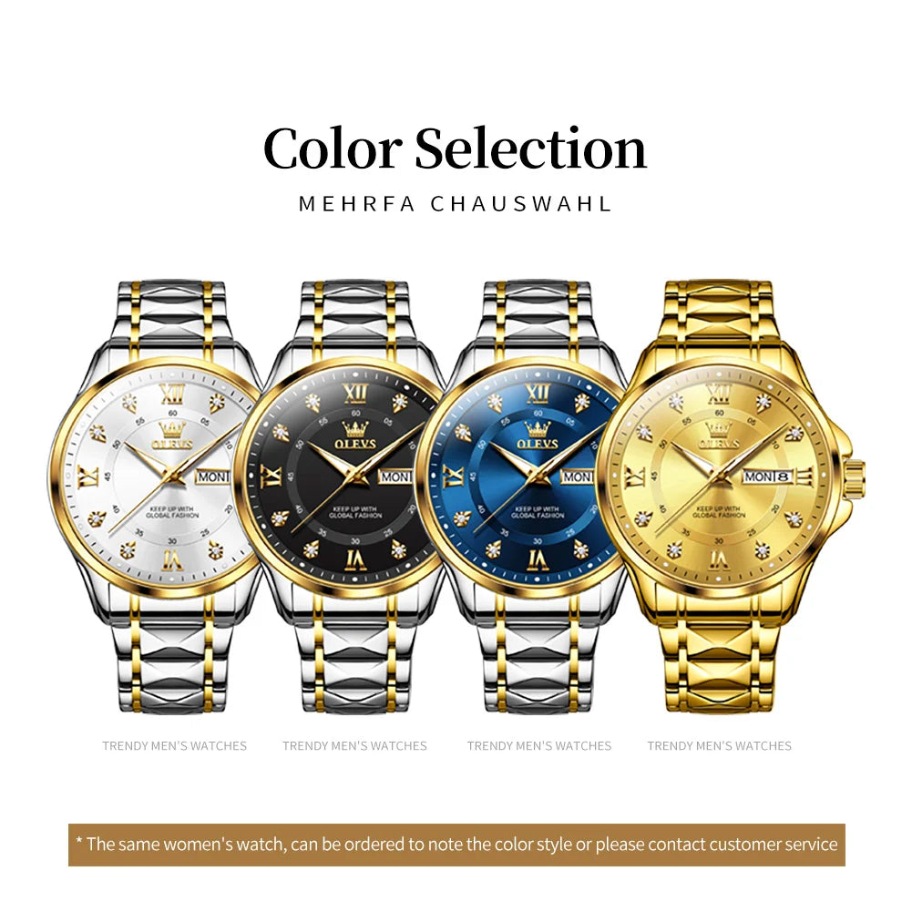 OLEVS High Quality Luxury Watches for Men Stainless Steel Dual Calendar Luminous Waterproof Quartz Fashion Business Man Watch