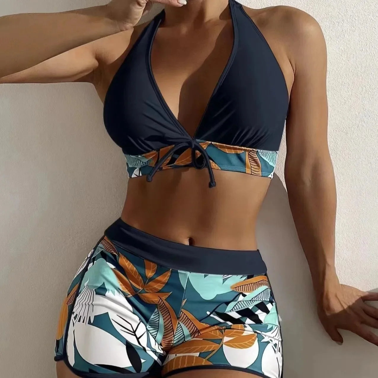 Sexy Print Halter Neck Bikini Set High Waist Women's Swimsuit Cross-Border New Arrival Hot Sale Of The Season Trendy Split Desig