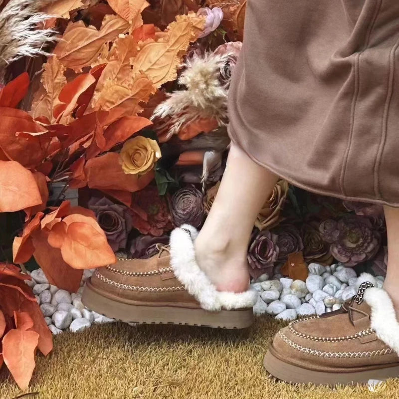 Genuine natural fur bare boots 2025 new winter flat wool shoes thick bottom lace decorative casual half drag Baotou drag