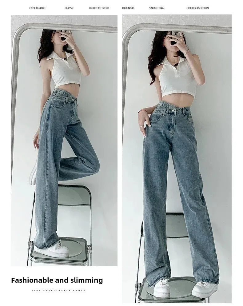 Design Sensibility High-Waisted Slimming Jeans Loose-Fit Straight-Leg Women's Korean Style Tie-Detail Wide-Leg Casual Trousers