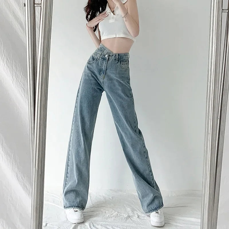 Design Sensibility High-Waisted Slimming Jeans Loose-Fit Straight-Leg Women's Korean Style Tie-Detail Wide-Leg Casual Trousers