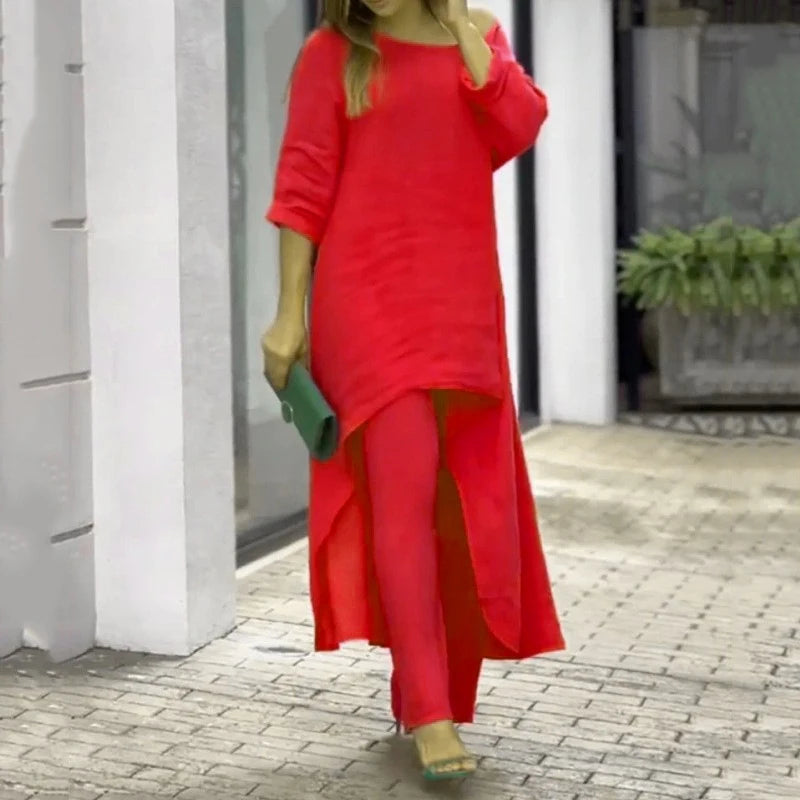 2023 Women Spring Summer O-neck Long Sleeve Irregular Solid Top And Wide Leg Trousers Two Piece Sets Fashion Elegant Female Suit