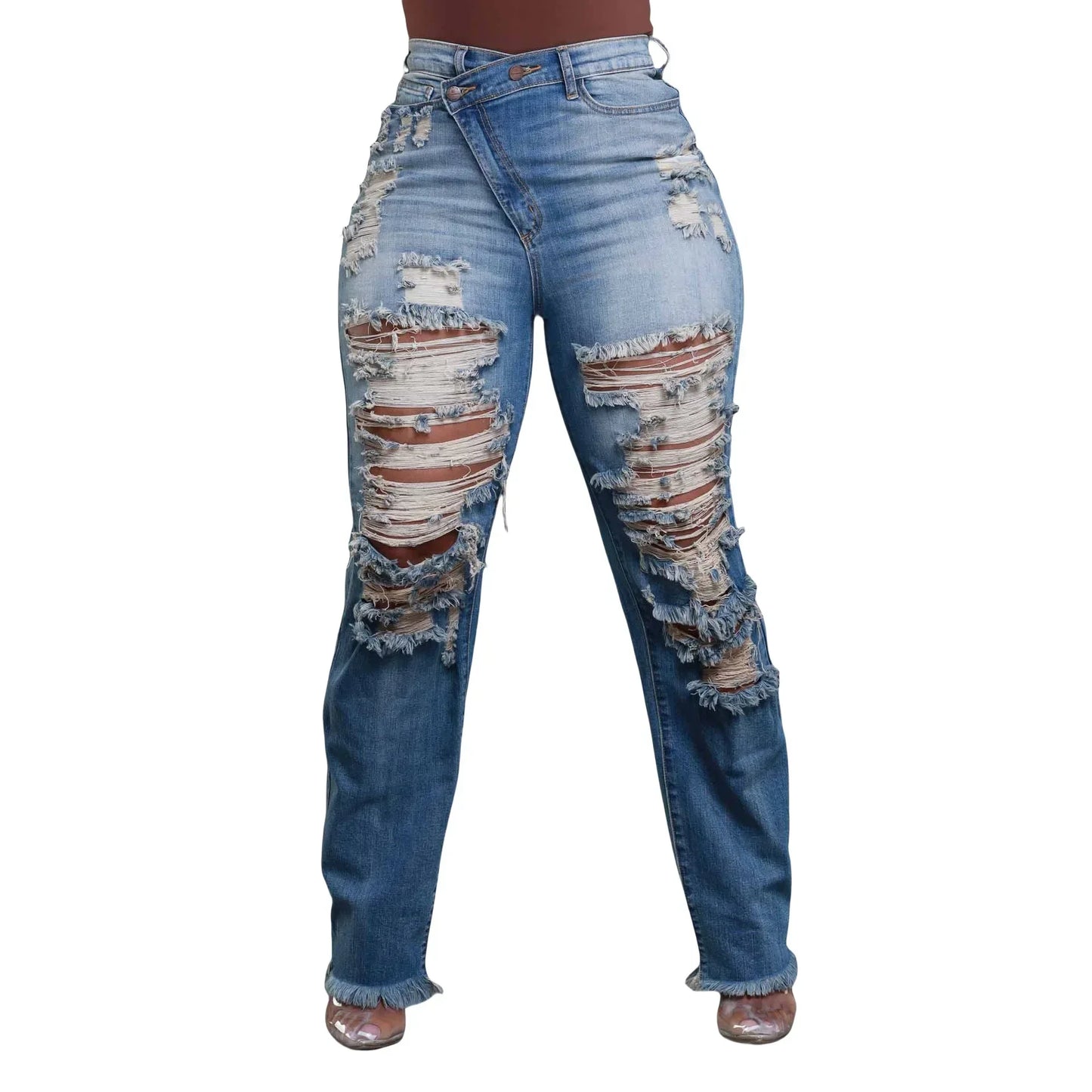 CM.YAYA Denim Pants Women Retro Sexy Hole Hollow Out Jeans Ripped out Pencil Trousers 2024 Street Skinny High Waist Lady Pant