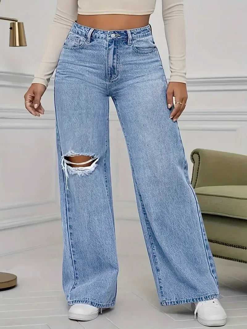 Washed Personality Hole Loose High Waist Denim Wide-leg Pants,Women's Four Seasons New Classic Fashion Casual Floor-length Jeans