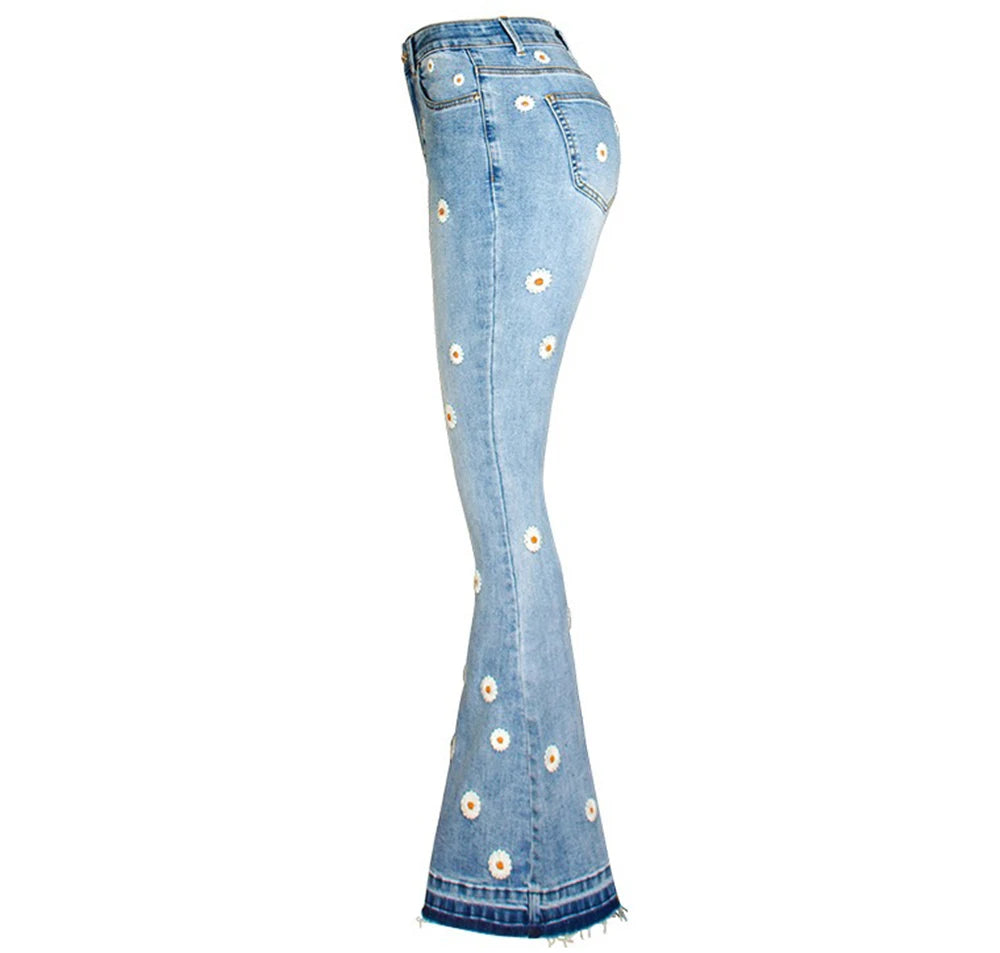 Women's Denim Bell Bottoms High Waist Tight Elastic Long Legs Daisy Embroidered Printed Spicy Girl Slim Straight Jeans UDUE