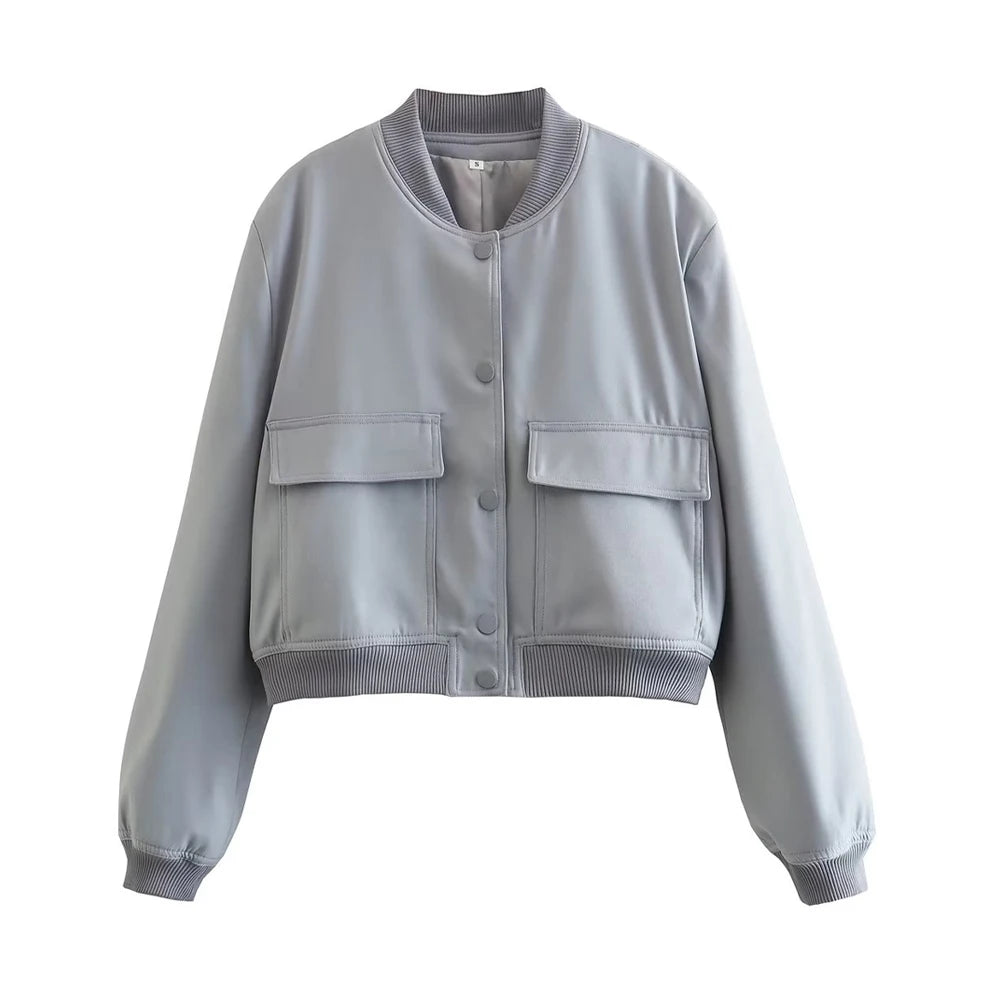 TRZA Women Fashion With Pockets Bomber Jacket Coats Vintage Long Sleeve Front Button Casual Female Outerwear Chic Tops