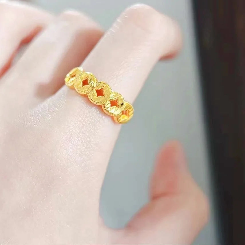 Women's Coin Open Ring, 24K Gold, AU999 | "Stability" engraving with square-hole motifs, subtle professional elegance.