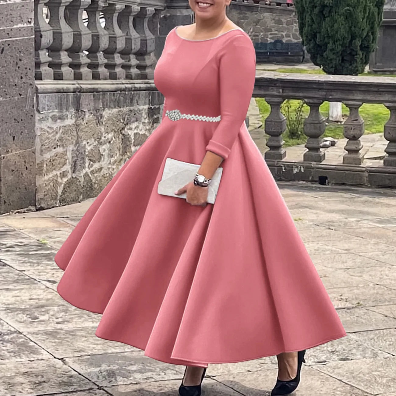 Luxury Dresses for Woman O Neck Full Sleeve Belt Waisted High Waisted Pleated A Line Ankle Length Elegant Female Birthday Gowns