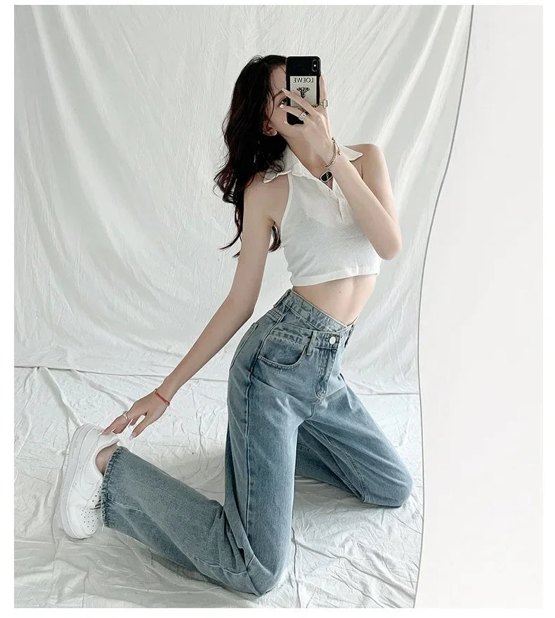 Design Sensibility High-Waisted Slimming Jeans Loose-Fit Straight-Leg Women's Korean Style Tie-Detail Wide-Leg Casual Trousers