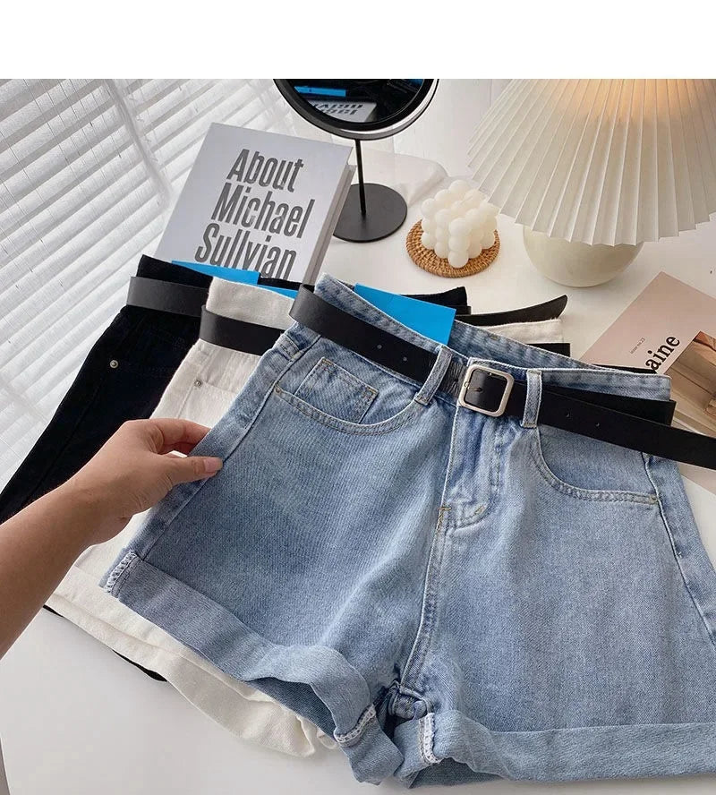 2022 New Spring Summer High-Waisted Slimming A- Line Denim Shorts Women's Loose-Fit Casual Heat Pants Rolled Edge Design