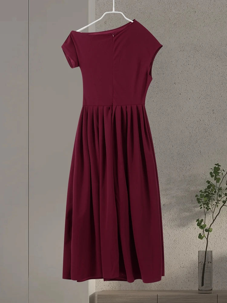Elegant Long Dress Women Loose Skew Collar Sleeveless A Line Robe Female 2025 Spring Summer Solid Fashion High Waist Dress Lady