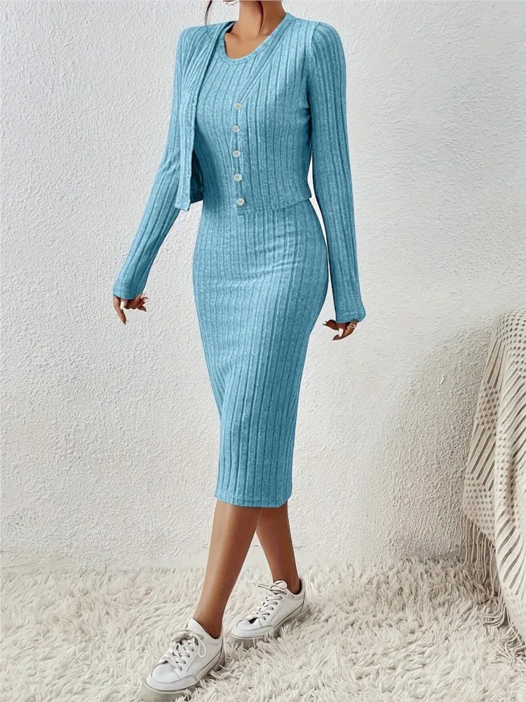 Autumn Winter Women's Clothing New Item Solid Color Fashion Single Breasted Short Top Slim Fit Dress Two-piece Set