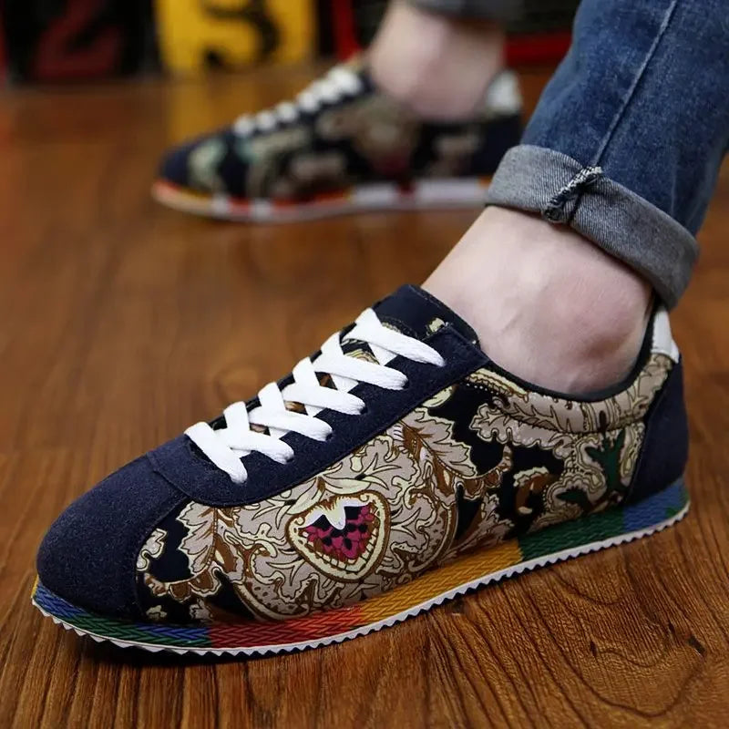 Fashion Graffiti Printed Men Suede Sneakers Red Running Shoes Men's Jogging Shoes Light Gym Trainers Men Flat Embroidery Shoes
