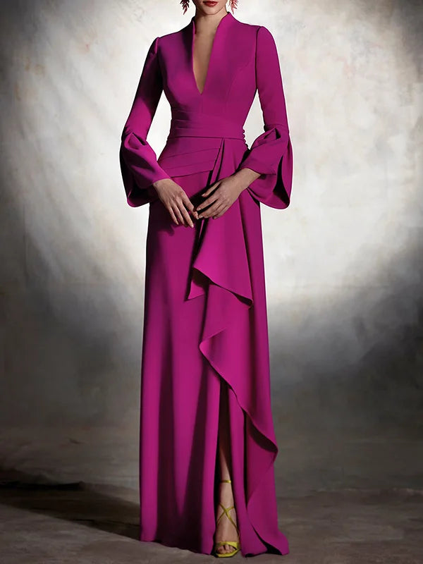 Freeacy Women Dress Floor Length Elegant Evening Party Dresses for Ladies Deep V-neck High Waist Pleated Dress Vintage Dress