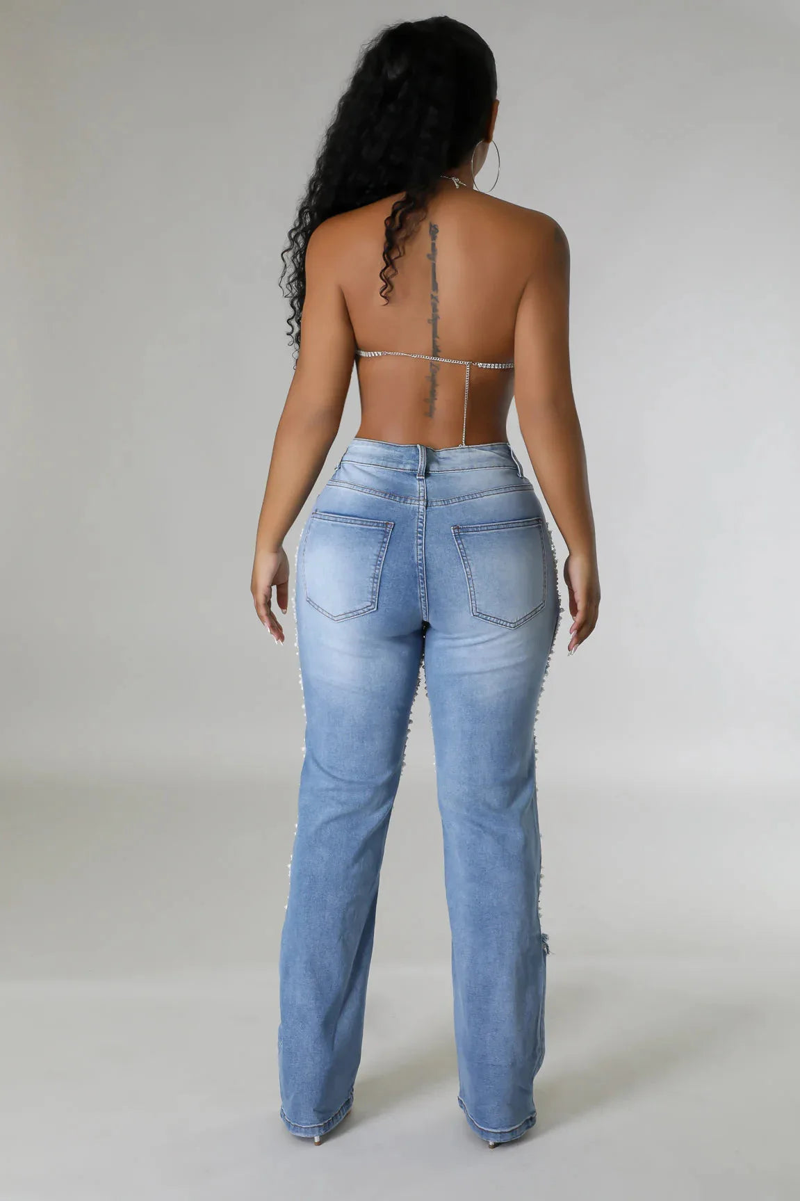 Ripped Jeans for Women Straight Pants Diamonds Chain Stretch Distressed High Waist Floor Length 2025 Streetwear Denim Trousers