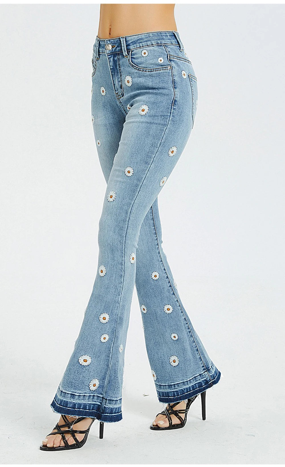 Women's Denim Bell Bottoms High Waist Tight Elastic Long Legs Daisy Embroidered Printed Spicy Girl Slim Straight Jeans UDUE