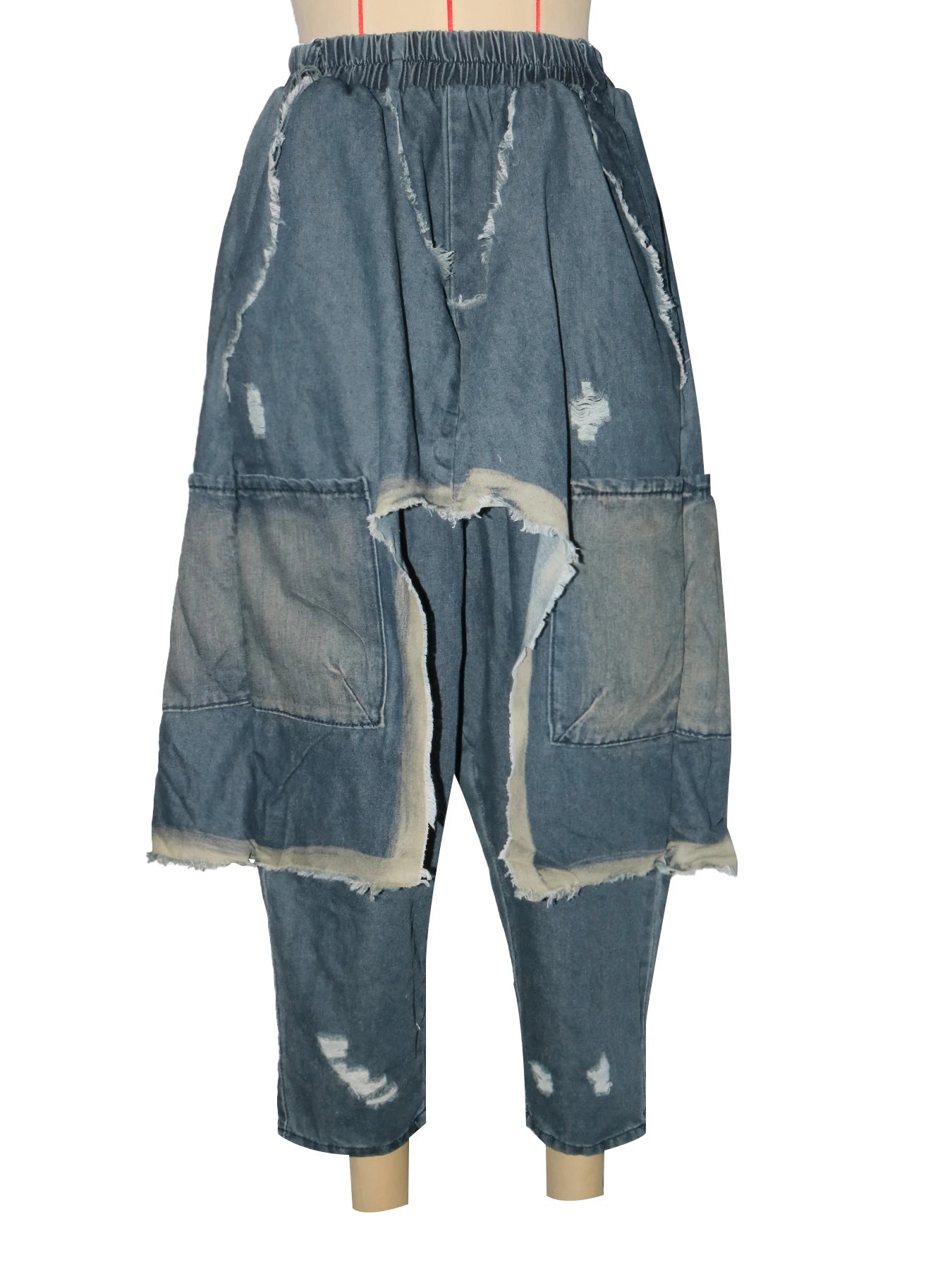Jeans Women Harem Pants Hole Elastic Waist Tassels Washed Denim Pants Punk Y2k Streetwear 2025 Ripped Ankle Length Trousers