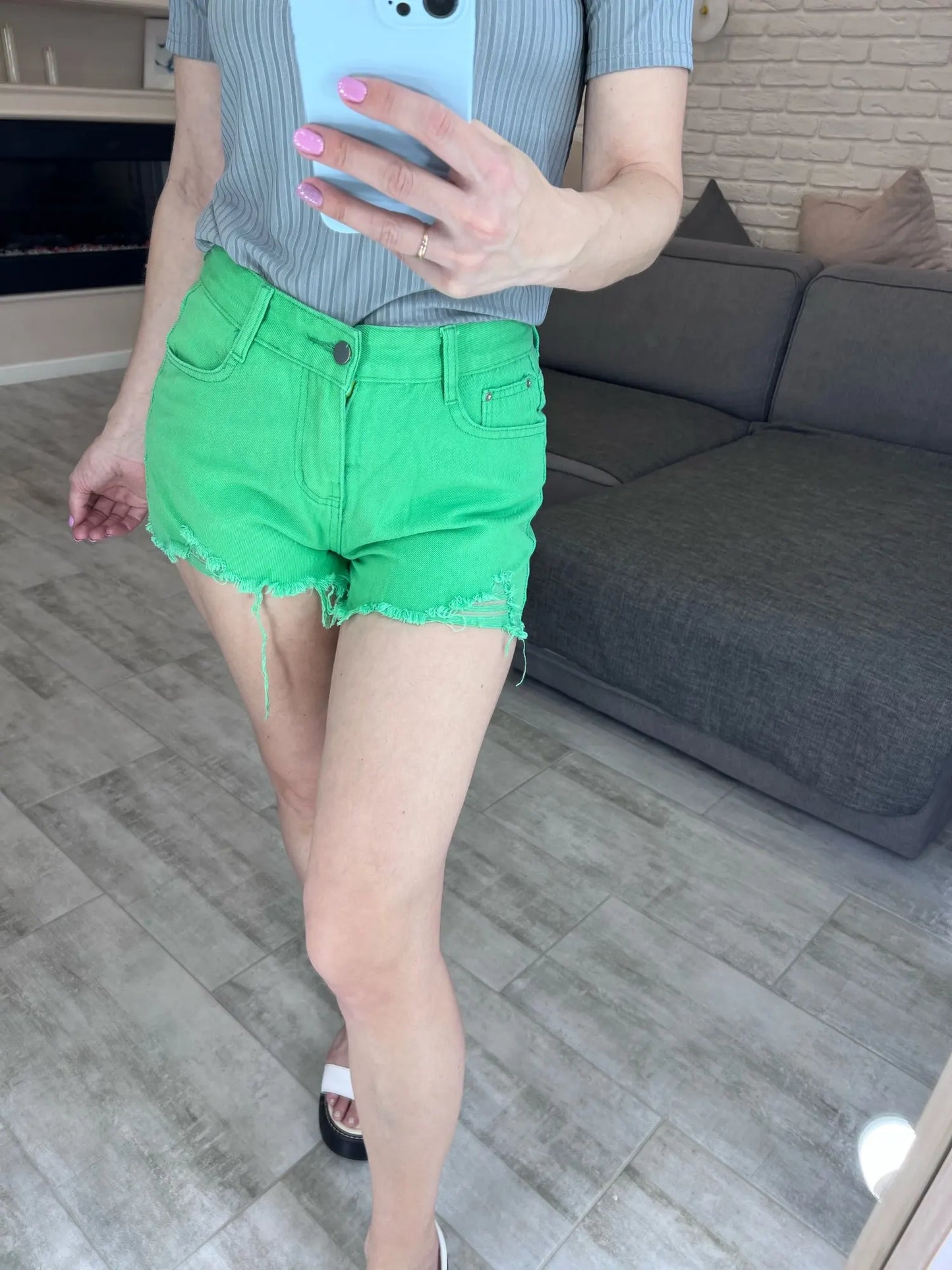 Summer New Style Wide Leg Pants Candy Color Ripped Denim Shorts Female High Waist Green A-line Women Jeans Hot Shorts Pants