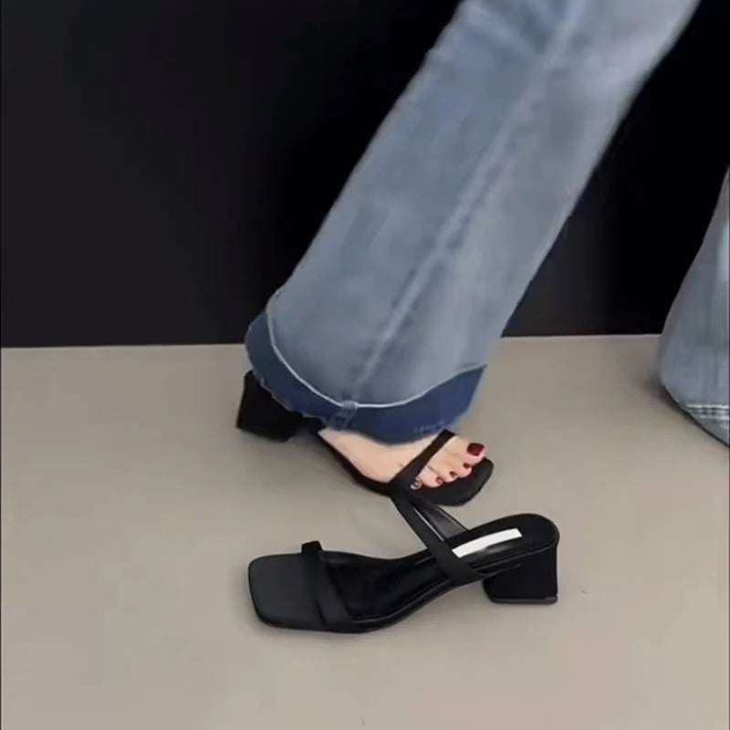 Summer Square Toe Slip On Women Slippers Ladies Elegant Outdoor Street Style Thick Heel Slides