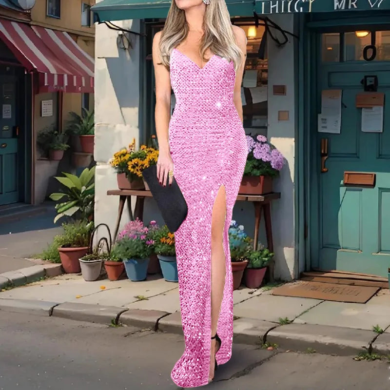 Sexy summer 2025 new European and American women's clothing fashion dress with straps, sequins and slit evening dress.