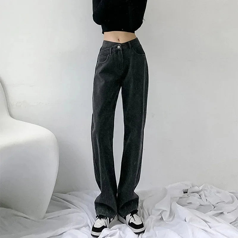 Design Sensibility High-Waisted Slimming Jeans Loose-Fit Straight-Leg Women's Korean Style Tie-Detail Wide-Leg Casual Trousers
