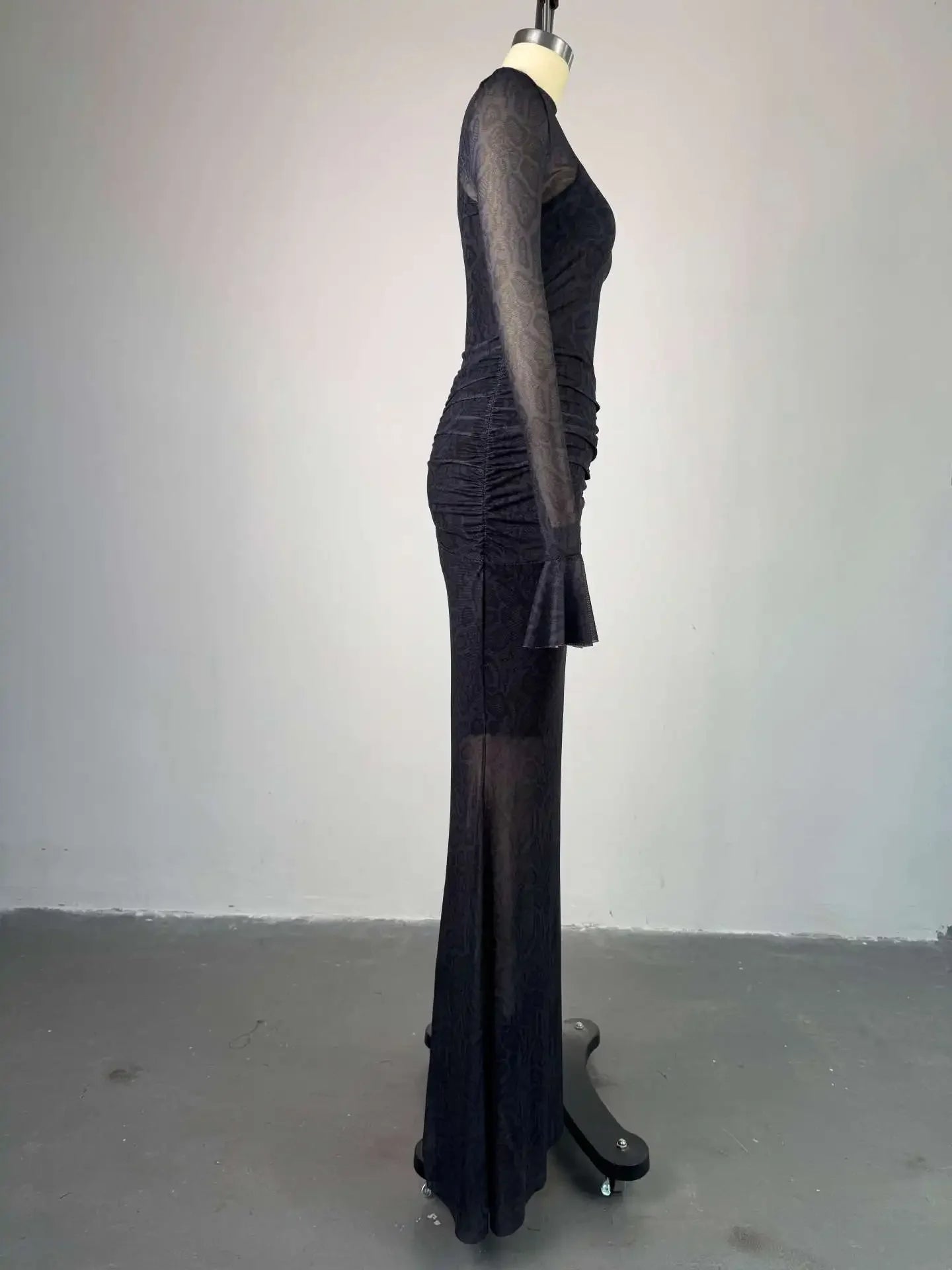 Women Full Sleeve Long Dress Lace Leopard See Through Ruched O-neck Evening Vestidos Sexy Party Maxi Dresses Vestidos