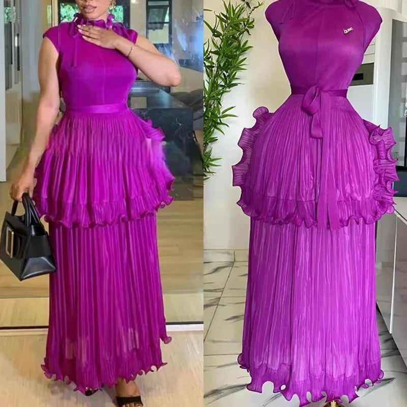 Miyake Pleated Dress Women Round Neck Sleeveless Solid Color Loos Style Patchwork New Tide 2025 Dresses