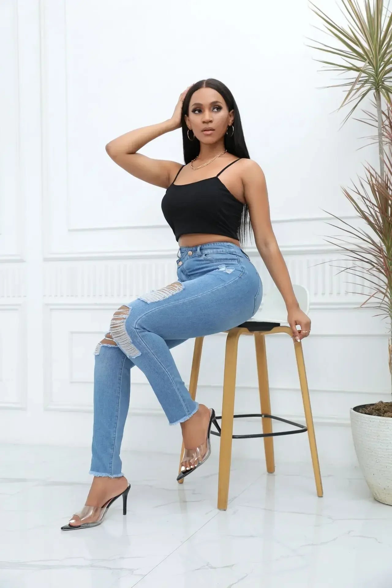 Women Jeans Denim pant High Waist Pencil Pants Holes Slim Fit Pockets Sexy Streetwear Solid Sheath Distressed Ankle Length 2025