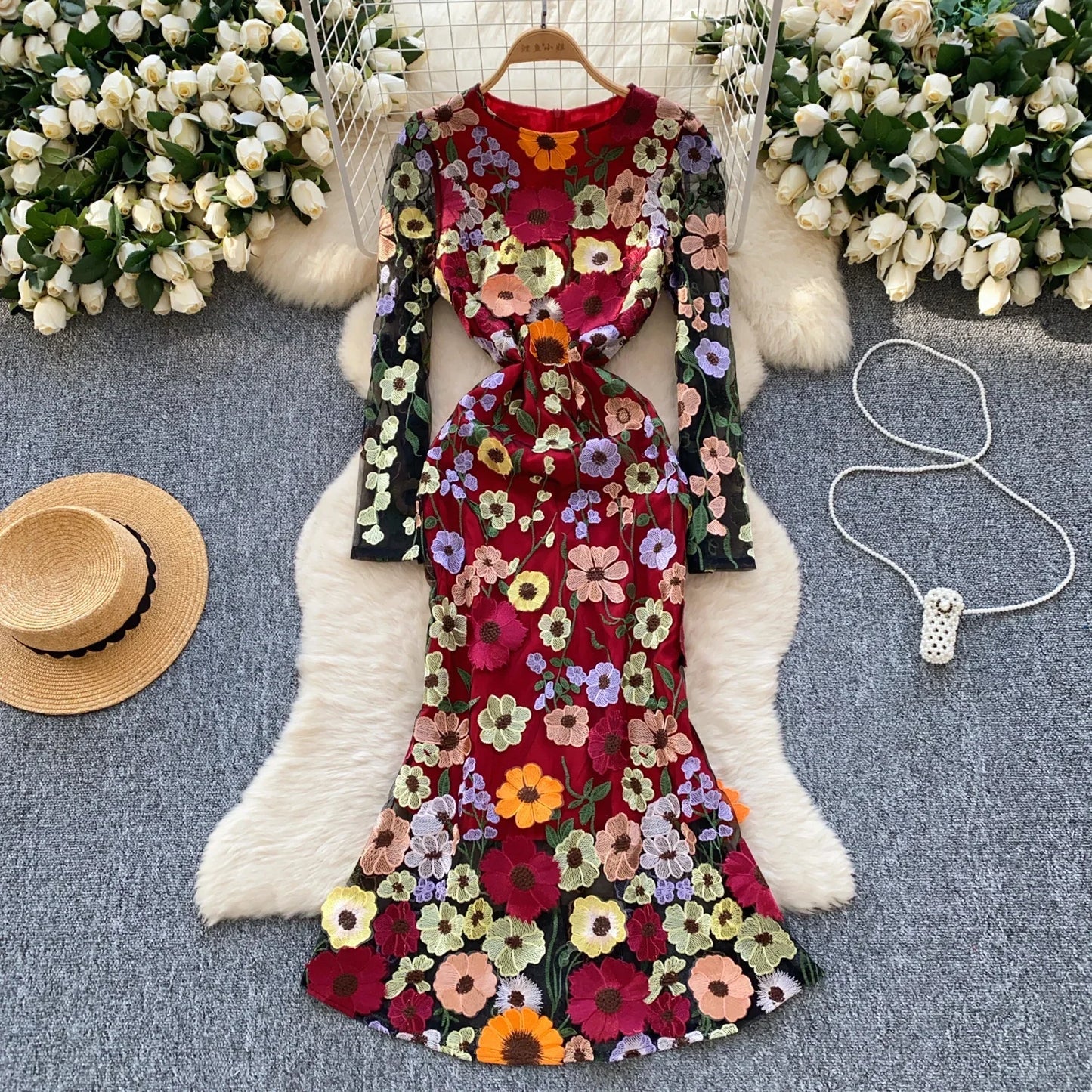 Elegant Three-dimensional Floral Embroidered Chic Long Sleeves Slim Mermaid Dresses Evening French High Street Women Clothing