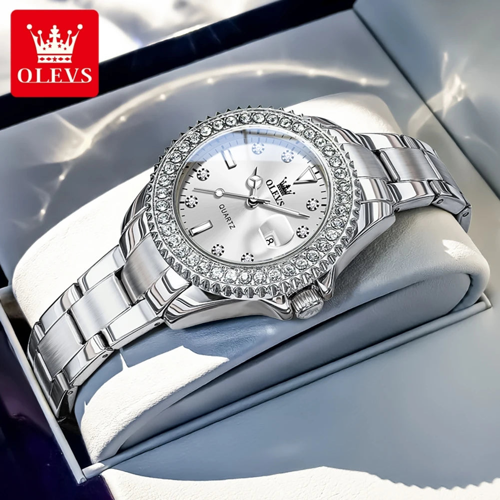 OLEVS Luxury Fashion Women's Watches Diamond Dial Luminous Quartz Watch Elegant Date Stainless Steel Original Brand Wrist Watch