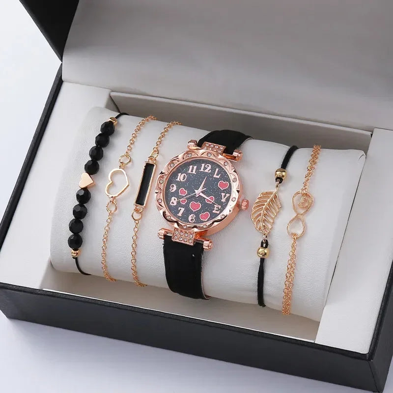 6PCS Set Watch For Women Luxury Leather Analog Ladies Quartz Wrist Watch Fashion Bracelet Watch Set Female Relogio Feminino