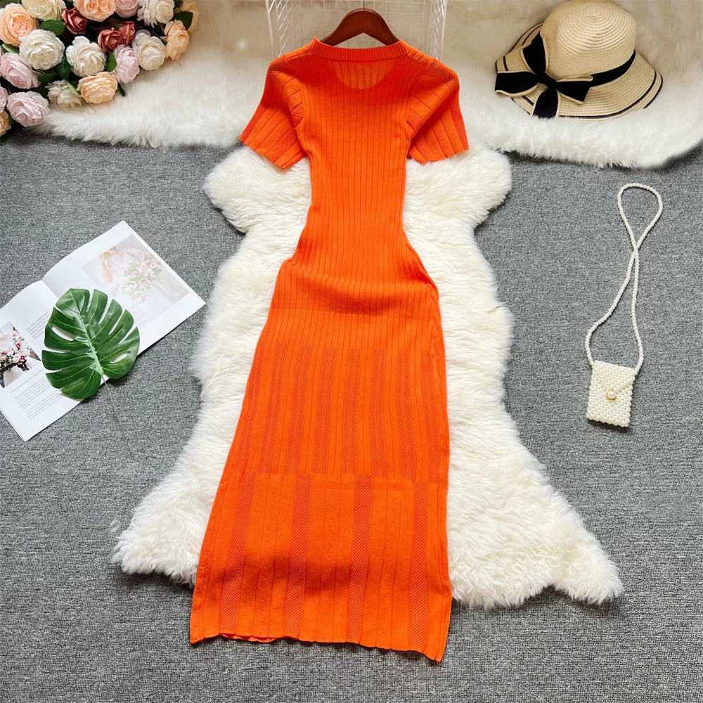YuooMuoo 2025 Summer Women Knitted Long Dress Brand Fashion O-neck Buttons Bodycon Sweater Dress Elegant Lady Office Vestidos