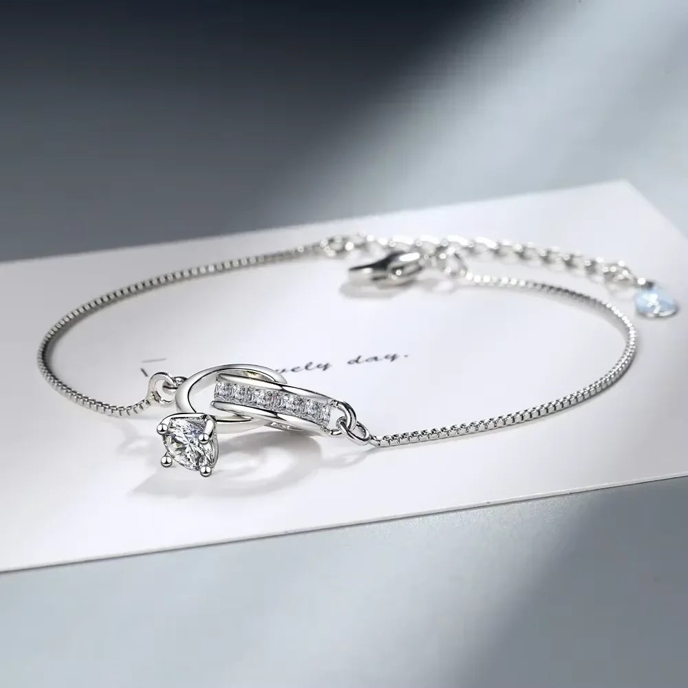 925 Sterling Silver Simple Geometric Double Ring Women's Zircon Bracelet, Lock The Vows, Luxury Jewelry Accessories