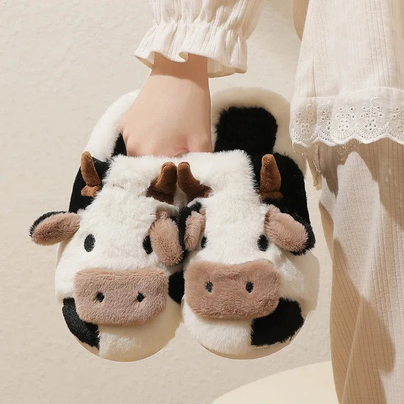 Winter Unisex Cartoon Cow Warm Plush Slippers Couple's Indoor Non-slip House Slides Men And Women Toe Wrap Home Cotton Shoes