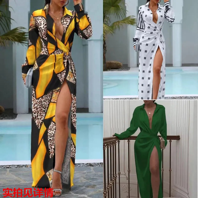 Women's Autumn Slit Long Dress Lace-up Printed Long-sleeved Dress High-waisted POLO Collar Irregular Temperament Elegant Dress