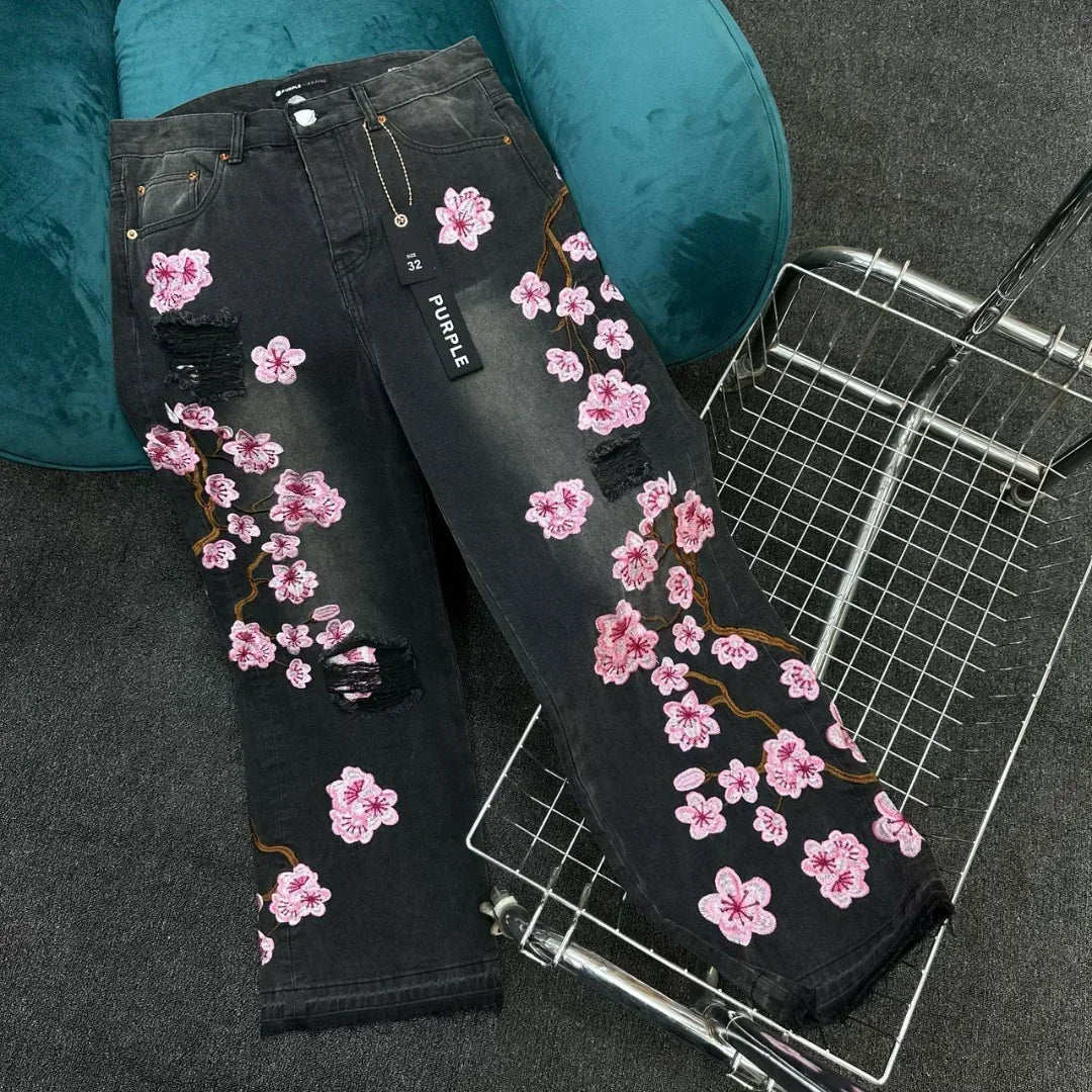 Y2k New Harajuku Retro Cherry Blossom Embroidered Blue Loose Jeans for Mens and Womens Gothic Fashion Low Waist Wide Leg Jeans