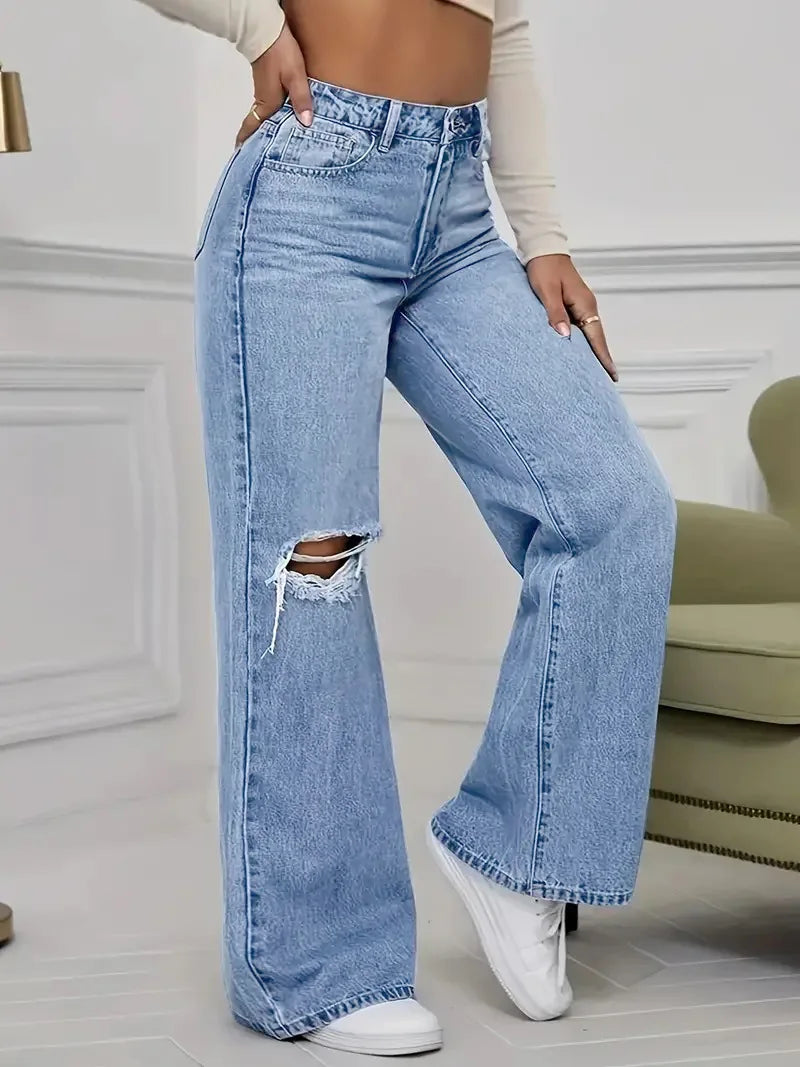 Washed Personality Hole Loose High Waist Denim Wide-leg Pants,Women's Four Seasons New Classic Fashion Casual Floor-length Jeans