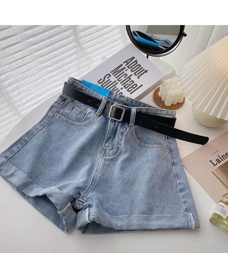 2022 New Spring Summer High-Waisted Slimming A- Line Denim Shorts Women's Loose-Fit Casual Heat Pants Rolled Edge Design