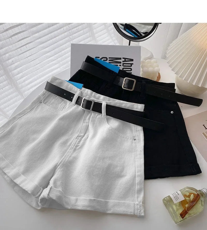 2022 New Spring Summer High-Waisted Slimming A- Line Denim Shorts Women's Loose-Fit Casual Heat Pants Rolled Edge Design